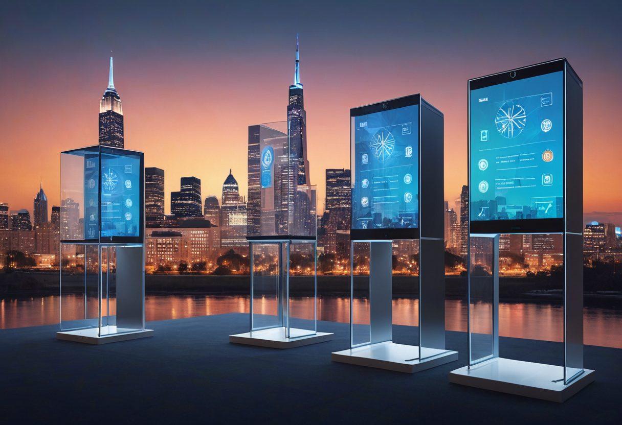 A futuristic voting booth incorporating advanced technology, surrounded by diverse voters engaged in the process. Transparent screens display real-time data and security features, conveying a sense of trust and innovation. The background features a stylized city skyline with elements of democratic symbols subtly integrated. Bright colors to evoke optimism and integrity in the electoral process. digital art. vibrant colors.