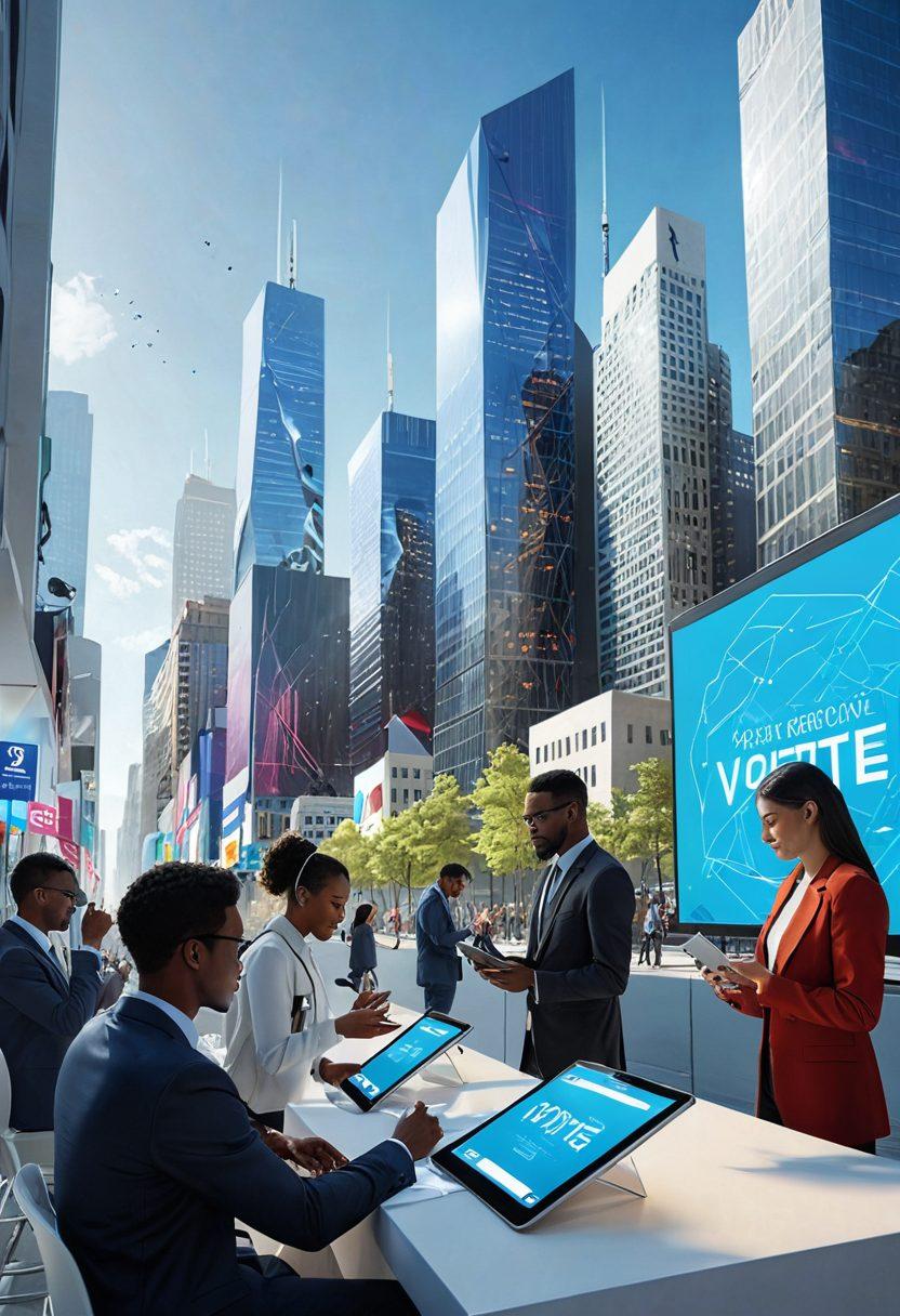 A futuristic cityscape with holographic voting booths and citizens engaging with digital devices, symbolizing electronic voting. In the foreground, diverse people are seen casting votes using tablets and smartphones, showing excitement and engagement. Surrounding them are holograms displaying data and statistics about voter participation. Bright colors and a clear blue sky above create a hopeful atmosphere. super-realistic. vibrant colors. 3D.