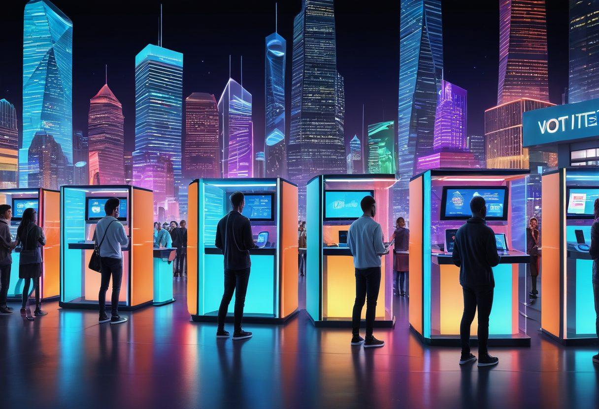 A futuristic cityscape showcasing diverse citizens engaged in remote voting through innovative technologies. Include holographic voting booths, digital screens displaying real-time results, and people using smartphones and laptops. Emphasize a sense of community and participation with vibrant colors and a bright, hopeful atmosphere. Futuristic style. vibrant colors. 3D.